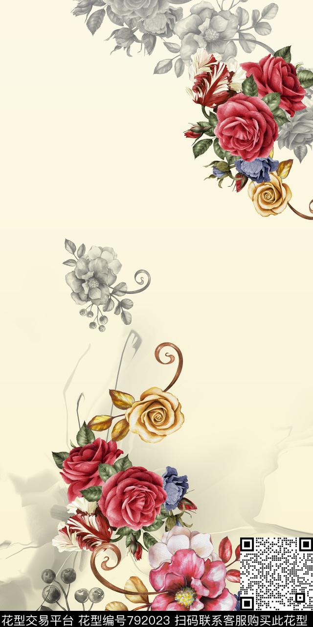 手绘大花水彩数码印花华亿平台下载（图片编号: 792023） - 瓦栏（Walan）