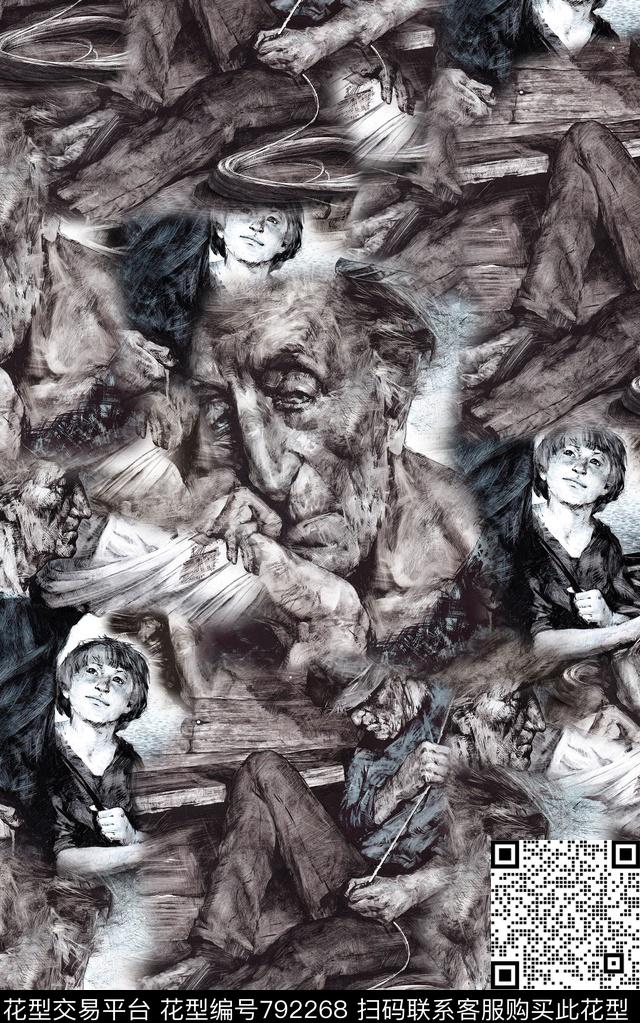 抽象手绘人物纹理数码印花时尚潮流男装夹克外套衬衫卫衣印花欧美复古大牌印花数码印花华亿平台下载（图片编号: 792268） - 瓦栏（Walan）