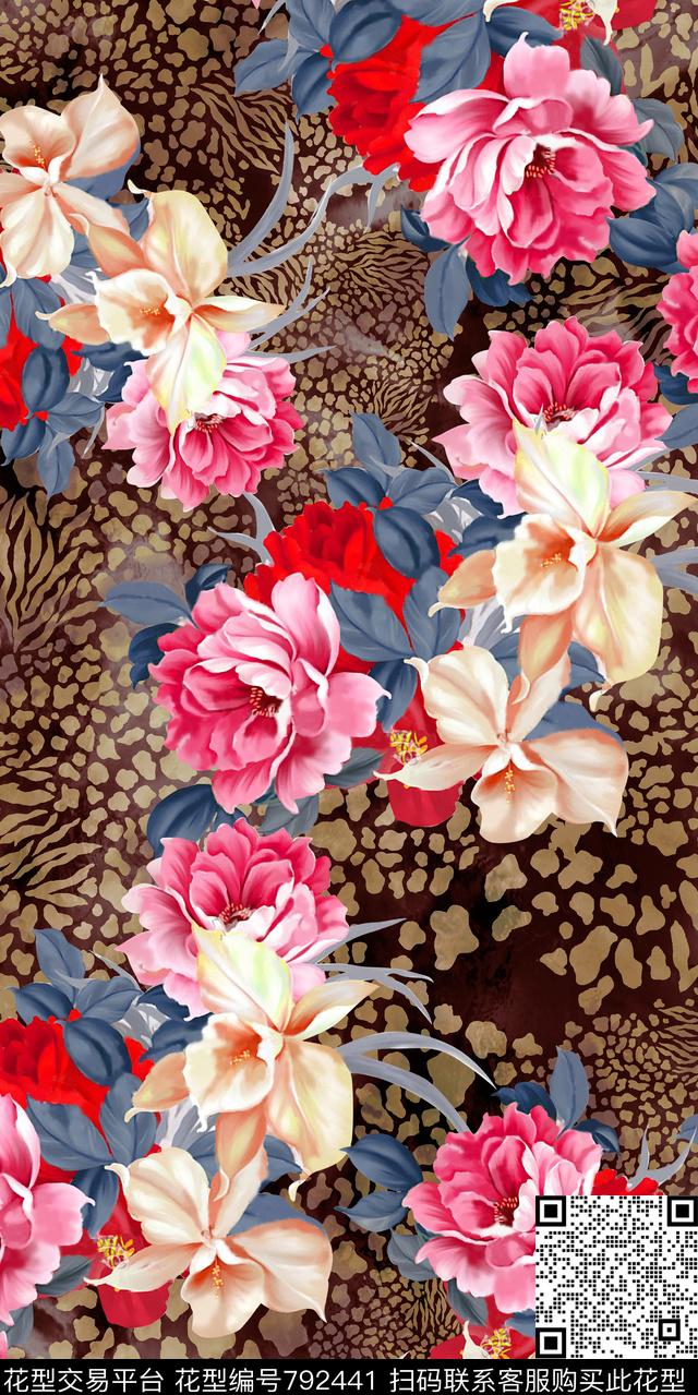 玫瑰豹纹花卉数码印花华亿平台下载（图片编号: 792441） - 瓦栏（Walan）