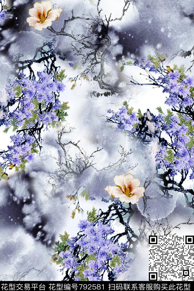 碎花水墨古韵中国风数码印花华亿平台下载（图片编号: 792581） - 瓦栏（Walan）