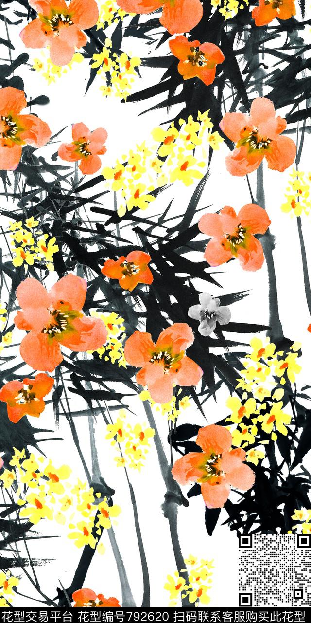 花朵水墨数码印花数码印花华亿平台下载（图片编号: 792620） - 瓦栏（Walan）