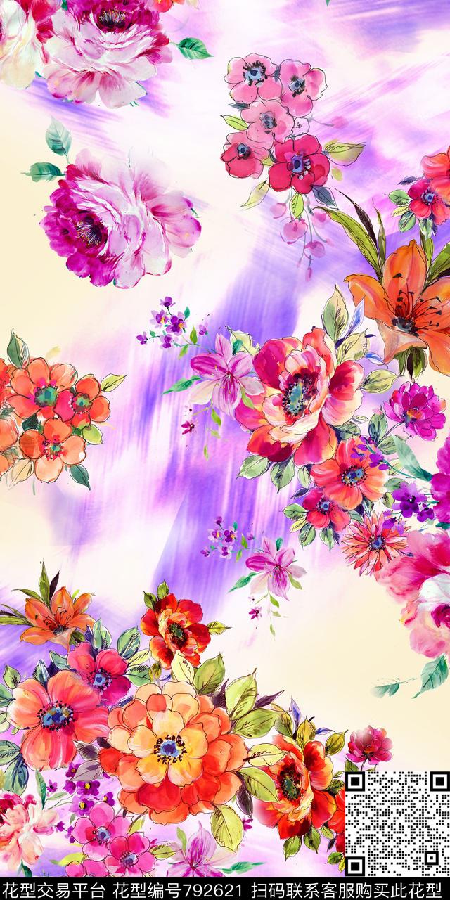 花朵水墨数码印花数码印花华亿平台下载（图片编号: 792621） - 瓦栏（Walan）