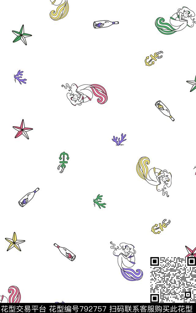 趣味美人鱼星星传统印花华亿平台下载（图片编号: 792757） - 瓦栏（Walan）