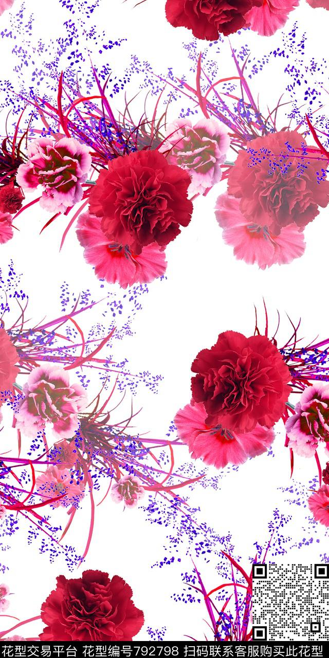 乱花康乃馨花卉数码印花华亿平台下载（图片编号: 792798） - 瓦栏（Walan）