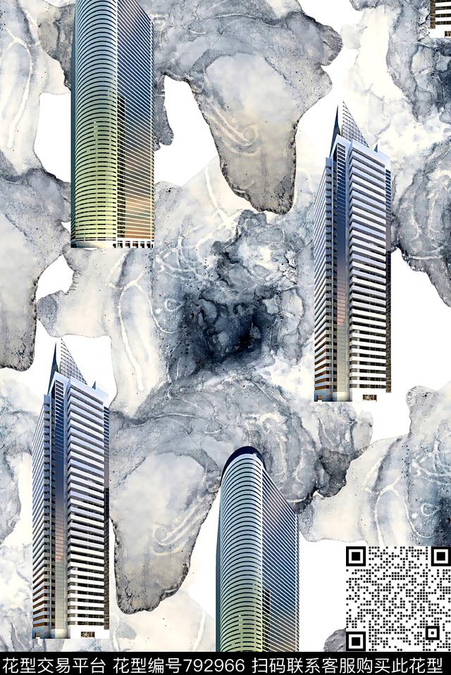 烟雾纹理高楼男装华亿平台数码印花华亿平台下载（图片编号: 792966） - 瓦栏（Walan）
