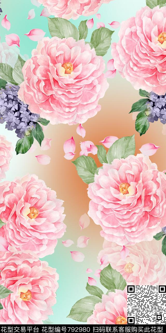 水彩花卉牡丹数码印花华亿平台下载（图片编号: 792980） - 瓦栏（Walan）