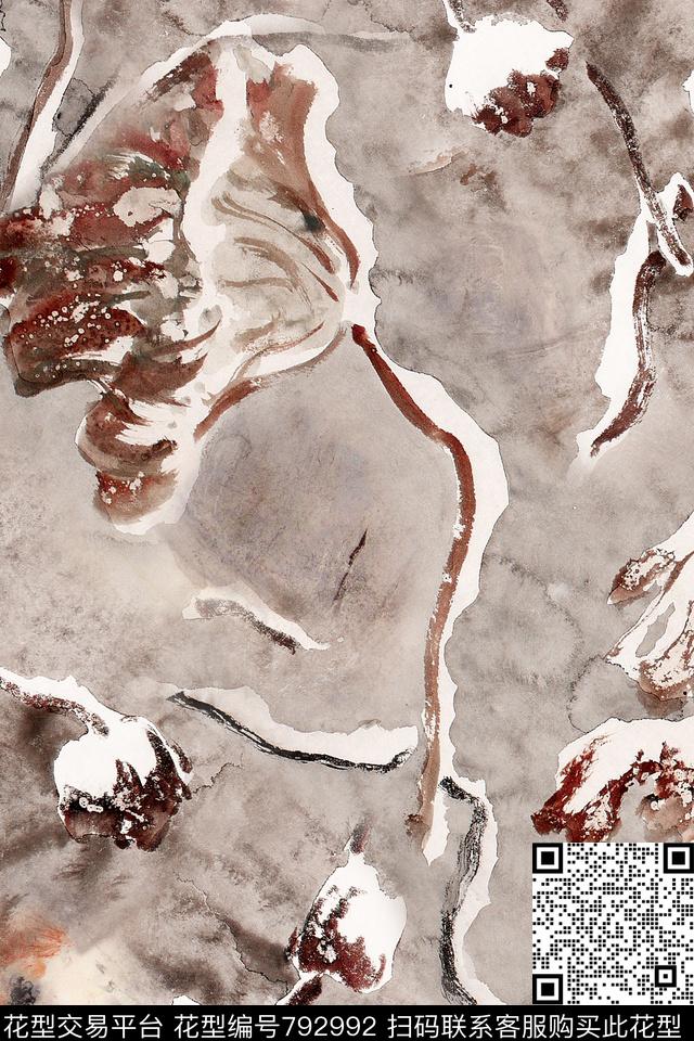 荷叶水墨素雅数码印花华亿平台下载（图片编号: 792992） - 瓦栏（Walan）