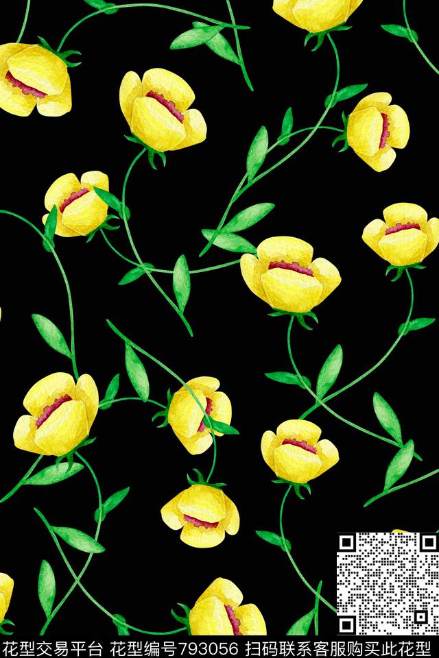 手绘花卉乱花花鸟数码印花华亿平台下载（图片编号: 793056） - 瓦栏（Walan）