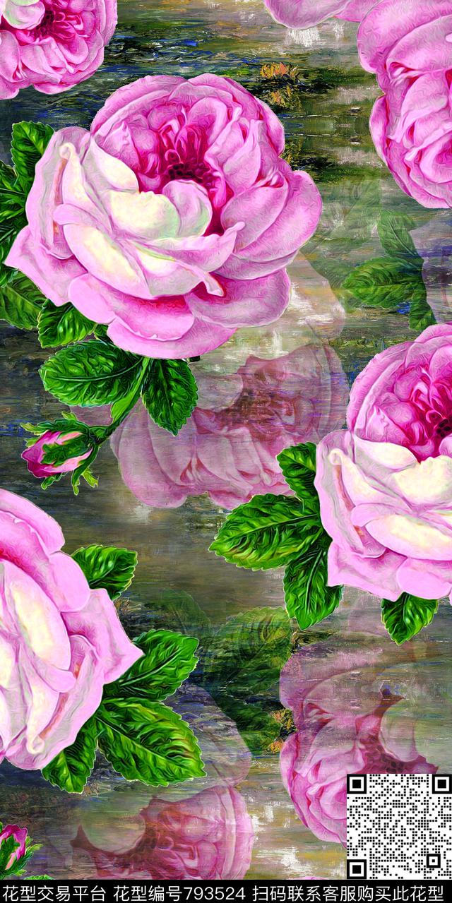 手绘花油画抽象数码印花华亿平台下载（图片编号: 793524） - 瓦栏（Walan）