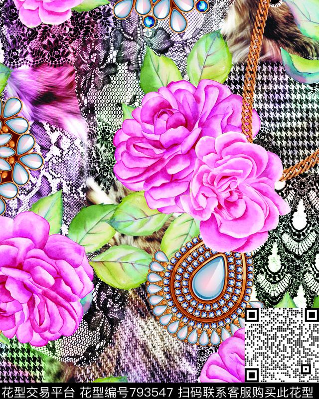 千鸟格动物纹理手绘花数码印花华亿平台下载（图片编号: 793547） - 瓦栏（Walan）