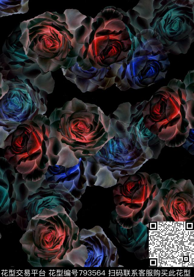 花卉抽象花卉玫瑰数码印花华亿平台下载（图片编号: 793564） - 瓦栏（Walan）