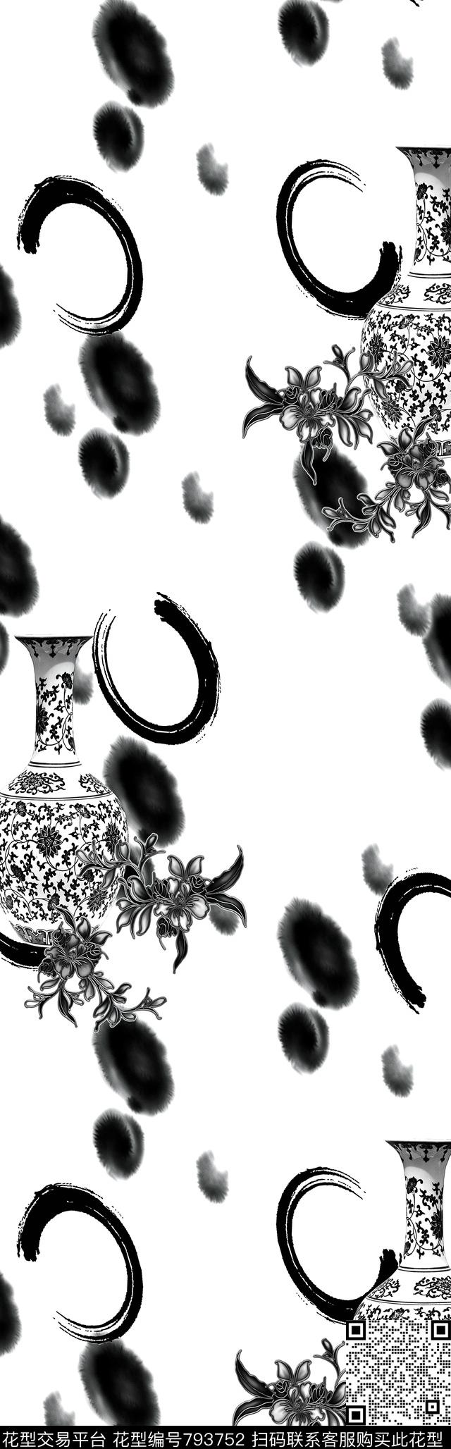披肩长巾中国风黑白数码印花华亿平台下载（图片编号: 793752） - 瓦栏（Walan）