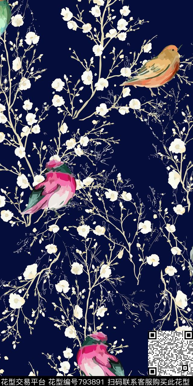 花鸟散花水彩传统印花华亿平台下载（图片编号: 793891） - 瓦栏（Walan）