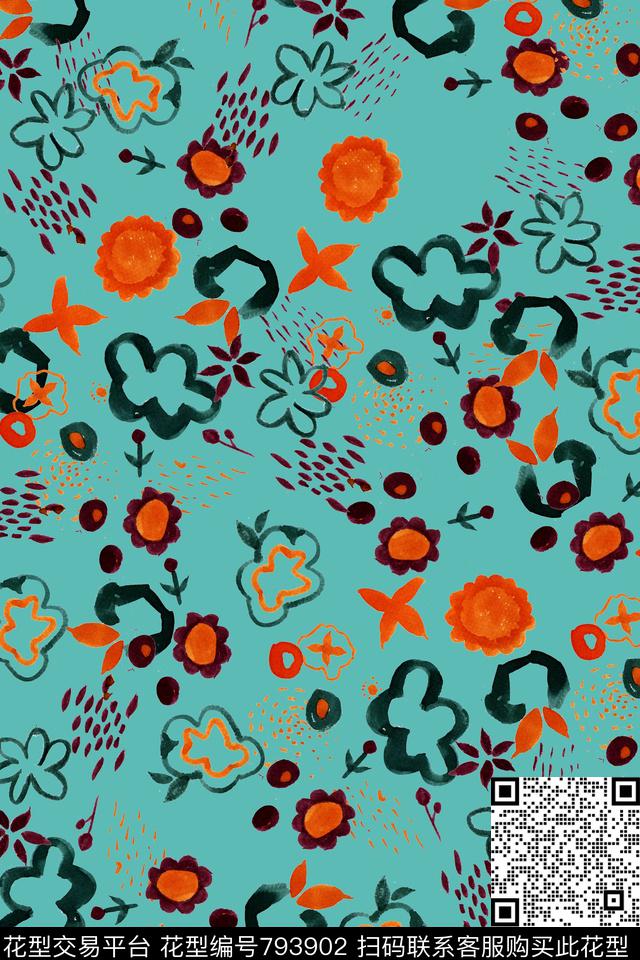 手绘童装几何波点叶子传统印花华亿平台下载（图片编号: 793902） - 瓦栏（Walan）