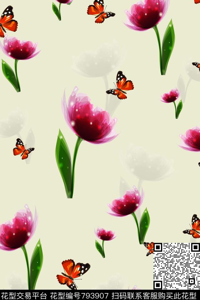 大花花卉蝴蝶郁金香数码印花华亿平台下载（图片编号: 793907） - 瓦栏（Walan）