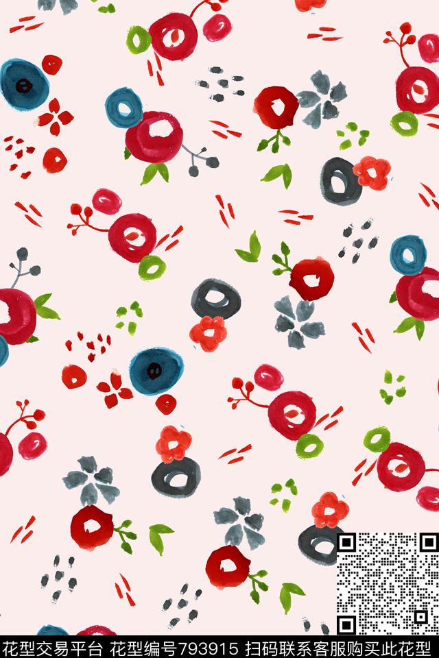 花卉叶子手绘童装几何圆环传统印花华亿平台下载（图片编号: 793915） - 瓦栏（Walan）