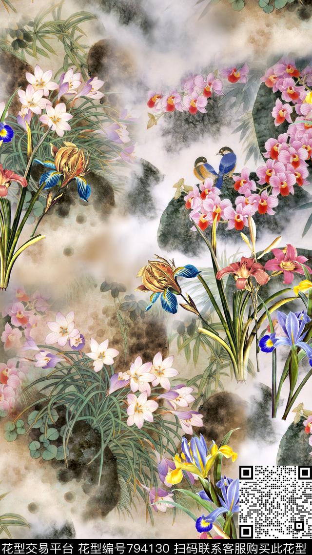 花卉水彩中国风数码印花华亿平台下载（图片编号: 794130） - 瓦栏（Walan）