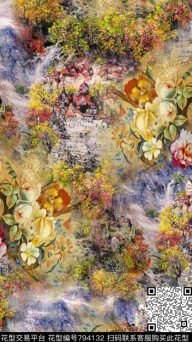 风景油画肌理数码印花华亿平台下载（图片编号: 794132） - 瓦栏（Walan）