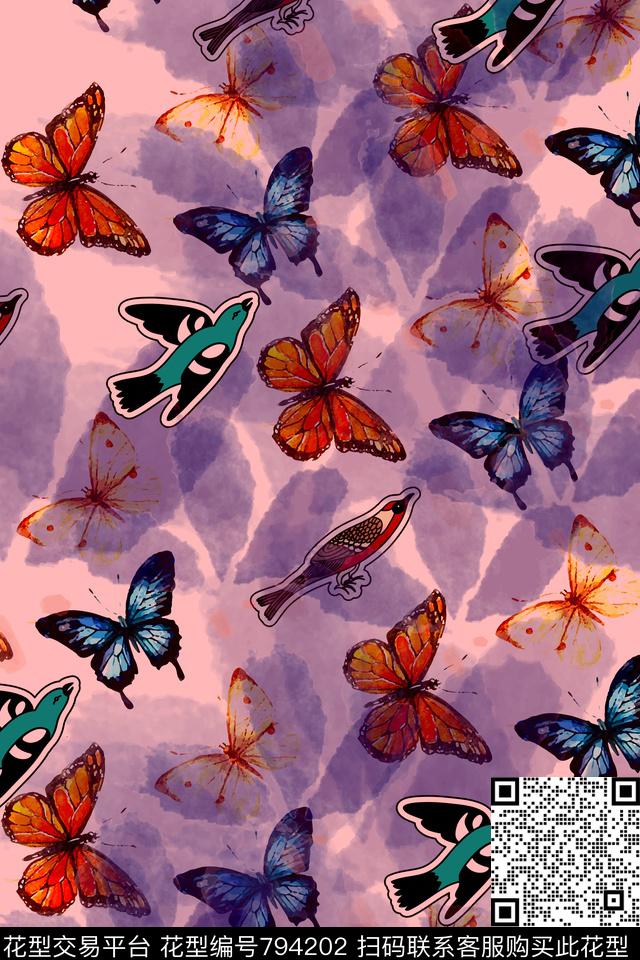 昆虫蝴蝶鸟传统印花华亿平台下载（图片编号: 794202） - 瓦栏（Walan）