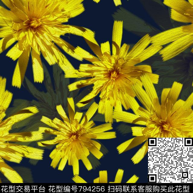 花卉黄花黑底数码印花华亿平台下载（图片编号: 794256） - 瓦栏（Walan）