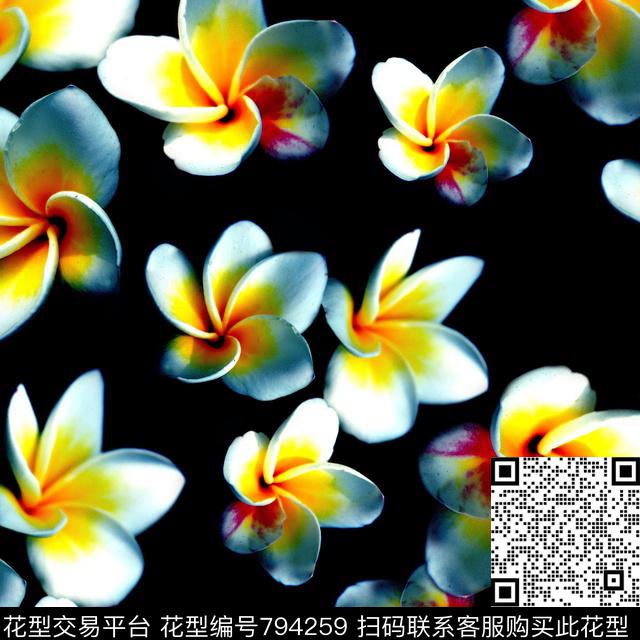 数码黑底白花数码印花华亿平台下载（图片编号: 794259） - 瓦栏（Walan）