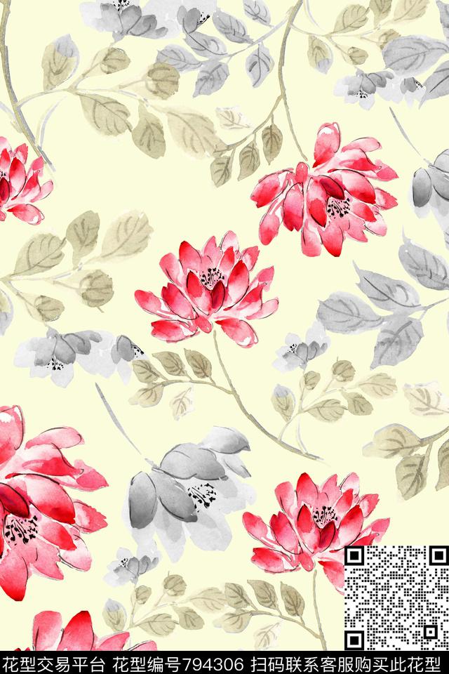 荷花手绘水彩数码印花华亿平台下载（图片编号: 794306） - 瓦栏（Walan）