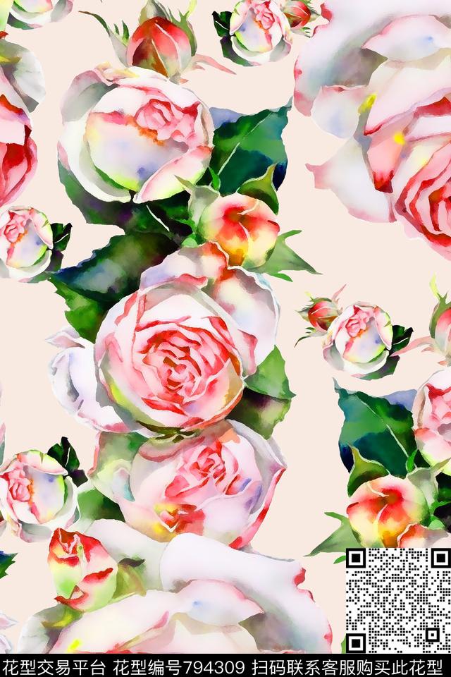 大花花卉手绘数码印花华亿平台下载（图片编号: 794309） - 瓦栏（Walan）