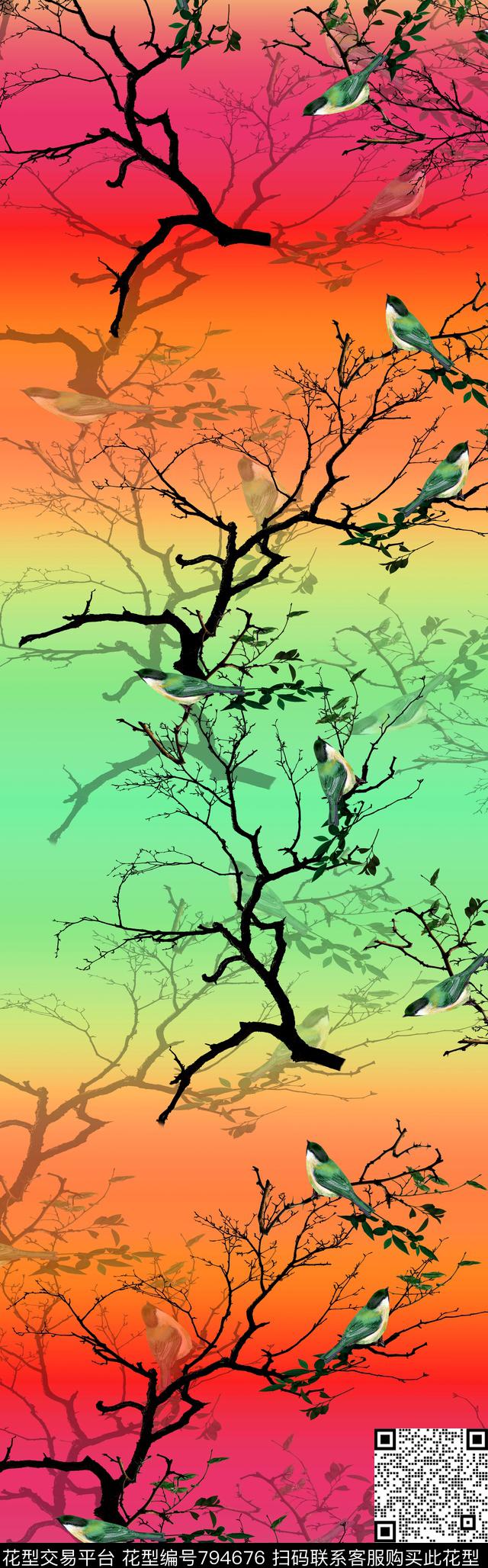 鸟披肩长巾树木数码印花华亿平台下载（图片编号: 794676） - 瓦栏（Walan）