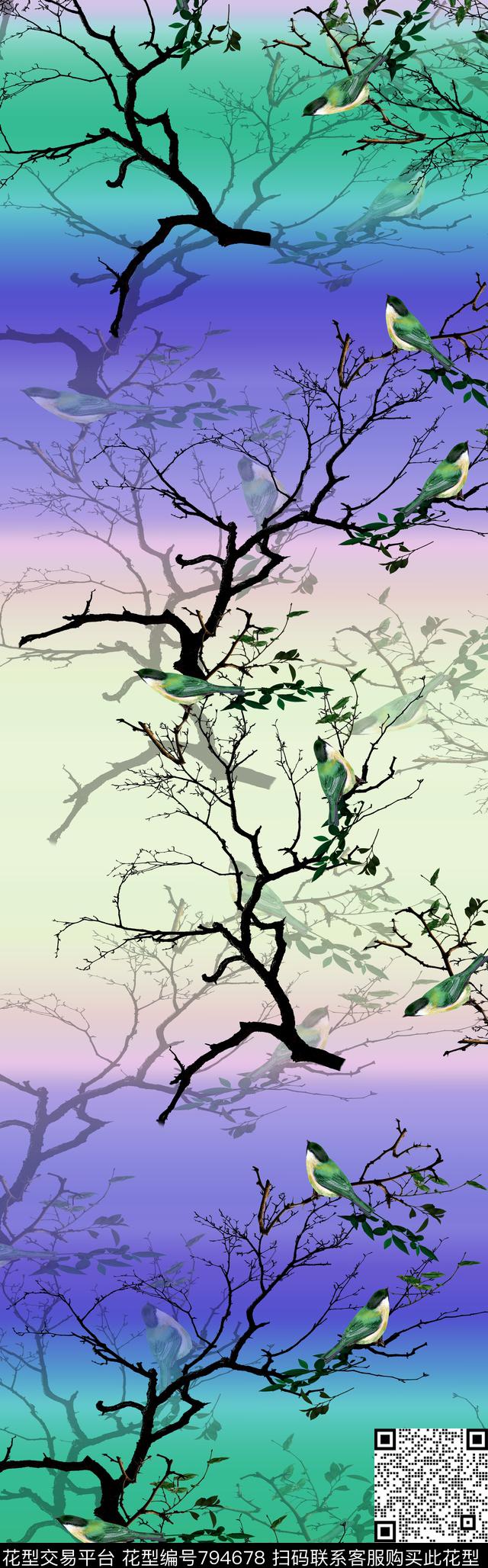 鸟披肩长巾树木数码印花华亿平台下载（图片编号: 794678） - 瓦栏（Walan）