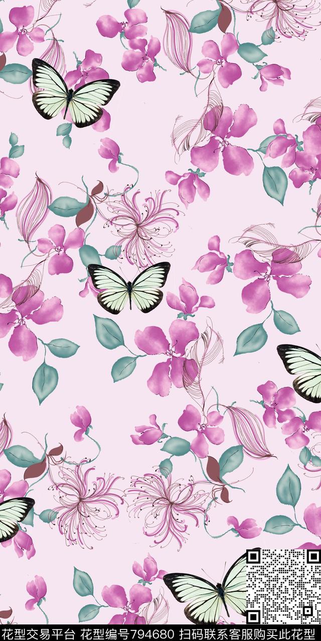 蝴蝶花朵花卉数码印花华亿平台下载（图片编号: 794680） - 瓦栏（Walan）