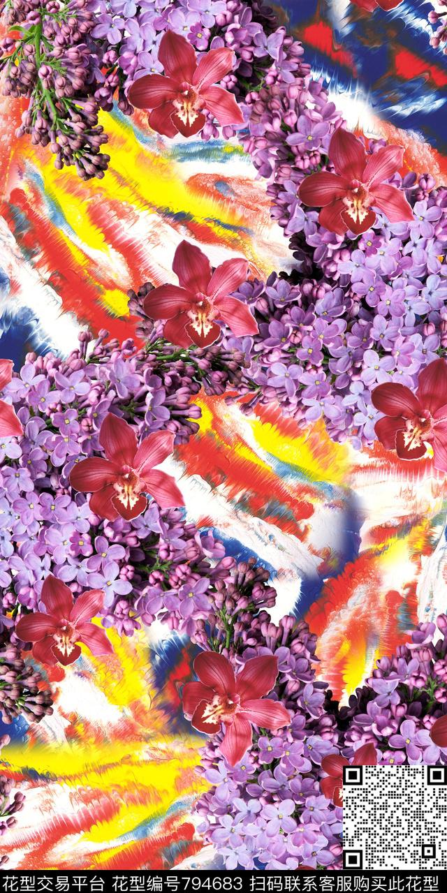 乱花兰花桃花数码印花华亿平台下载（图片编号: 794683） - 瓦栏（Walan）