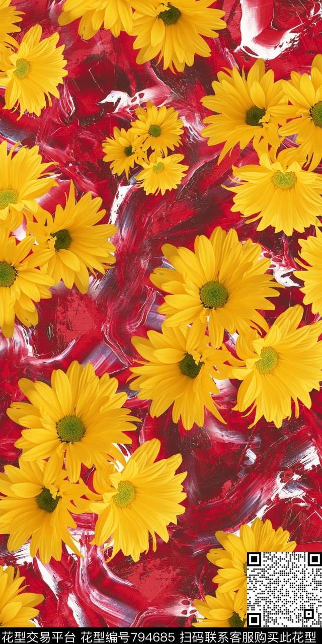 向日葵百合花朵数码印花华亿平台下载（图片编号: 794685） - 瓦栏（Walan）