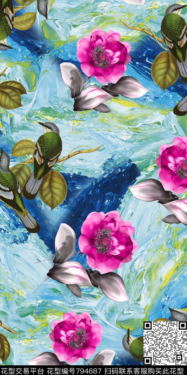 花鸟牡丹玫瑰数码印花华亿平台下载（图片编号: 794687） - 瓦栏（Walan）