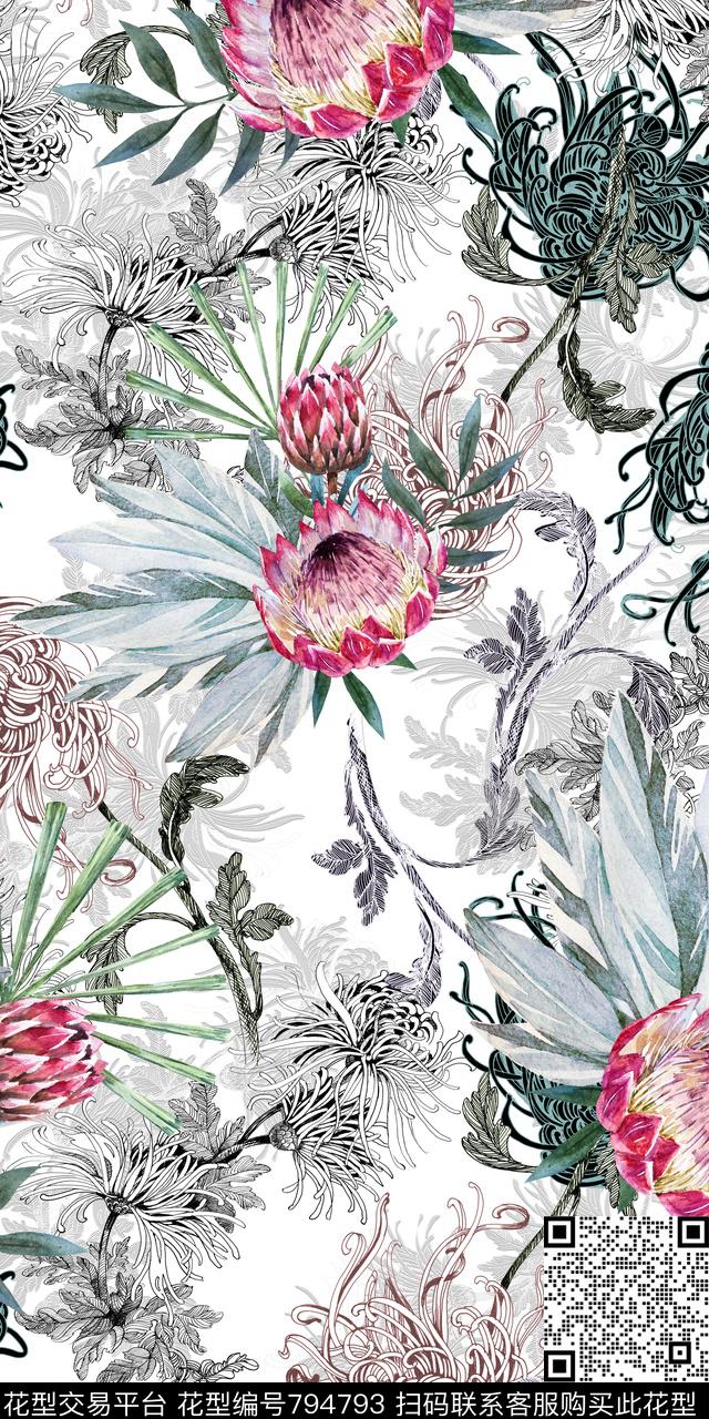 手绘花卉黑白数码印花华亿平台下载（图片编号: 794793） - 瓦栏（Walan）