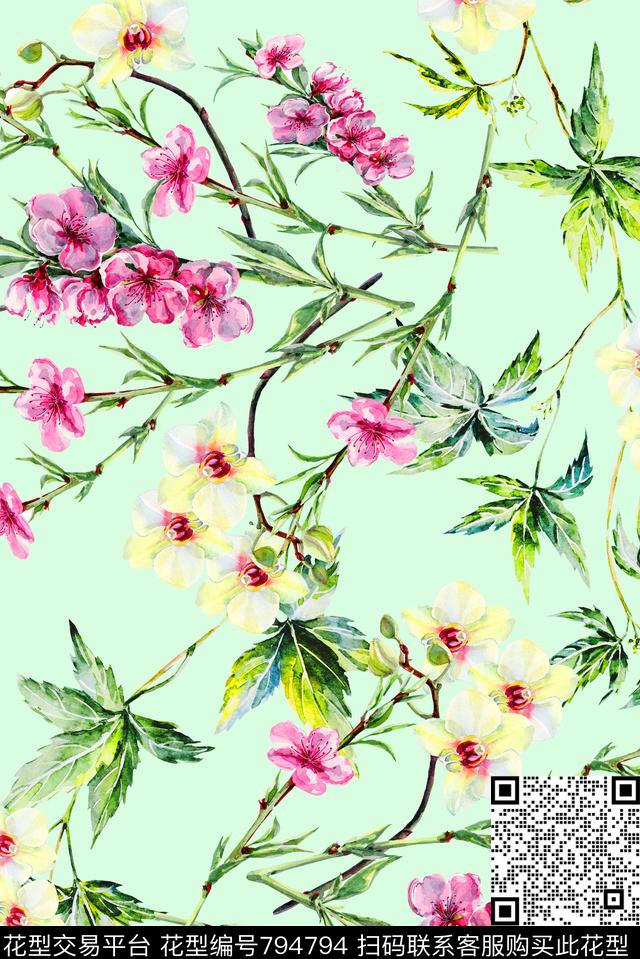 手绘植物花卉数码印花华亿平台下载（图片编号: 794794） - 瓦栏（Walan）
