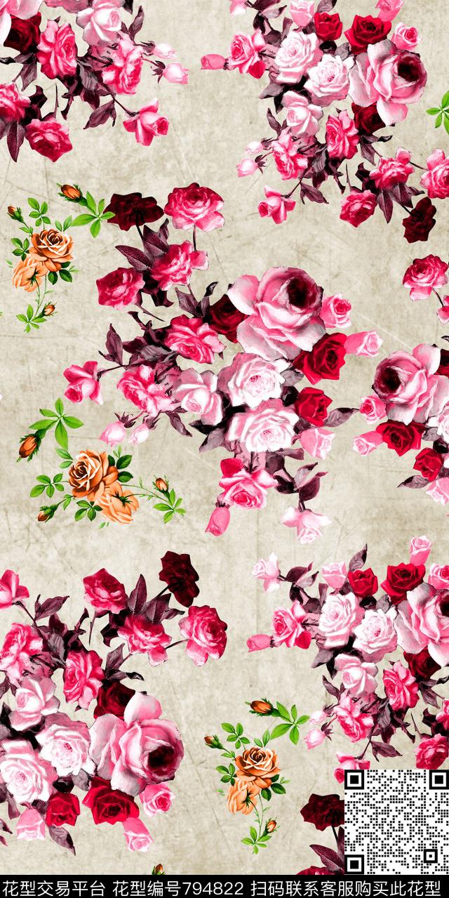 菊花玫瑰花朵数码印花华亿平台下载（图片编号: 794822） - 瓦栏（Walan）