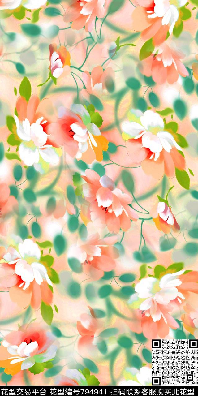 手绘花朵数码印花数码印花华亿平台下载（图片编号: 794941） - 瓦栏（Walan）