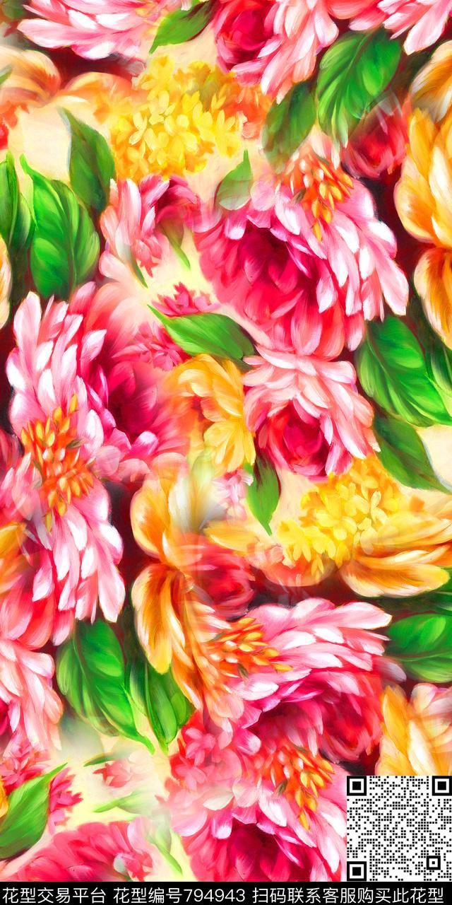 手绘花朵数码印花数码印花华亿平台下载（图片编号: 794943） - 瓦栏（Walan）