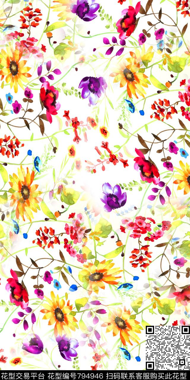 手绘花朵数码印花数码印花华亿平台下载（图片编号: 794946） - 瓦栏（Walan）
