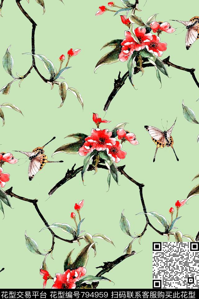 水彩茶花蝴蝶中国风数码印花华亿平台下载（图片编号: 794959） - 瓦栏（Walan）