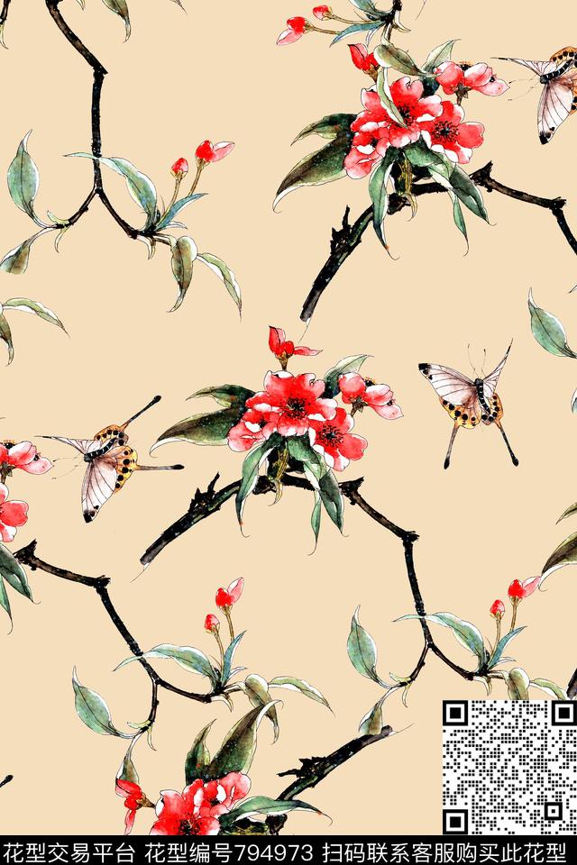 水彩茶花蝴蝶中国风数码印花华亿平台下载（图片编号: 794973） - 瓦栏（Walan）