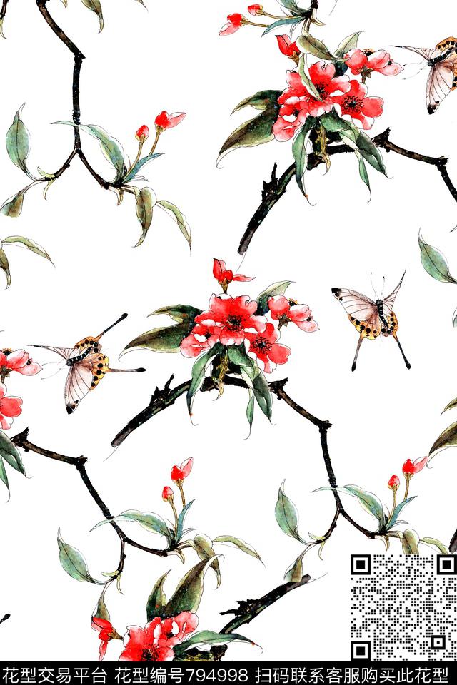 水彩茶花蝴蝶中国风数码印花华亿平台下载（图片编号: 794998） - 瓦栏（Walan）