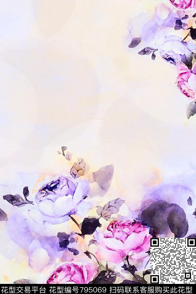手绘花卉水彩数码印花华亿平台下载（图片编号: 795069） - 瓦栏（Walan）
