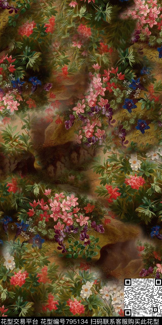 花卉花朵树叶数码印花华亿平台下载（图片编号: 795134） - 瓦栏（Walan）