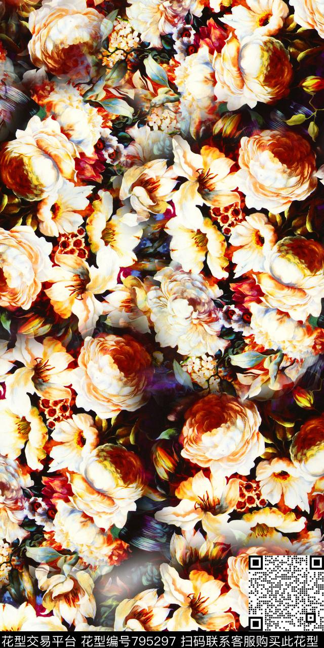 手绘花朵数码印花数码印花华亿平台下载（图片编号: 795297） - 瓦栏（Walan）