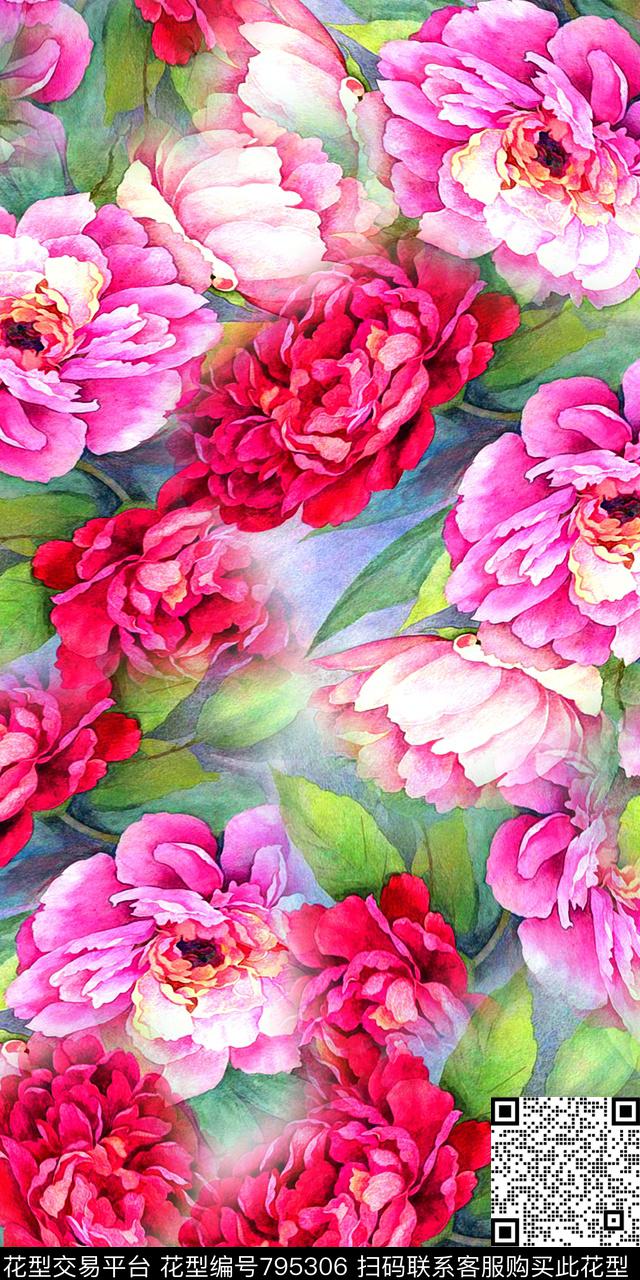 花朵手绘数码印花数码印花华亿平台下载（图片编号: 795306） - 瓦栏（Walan）