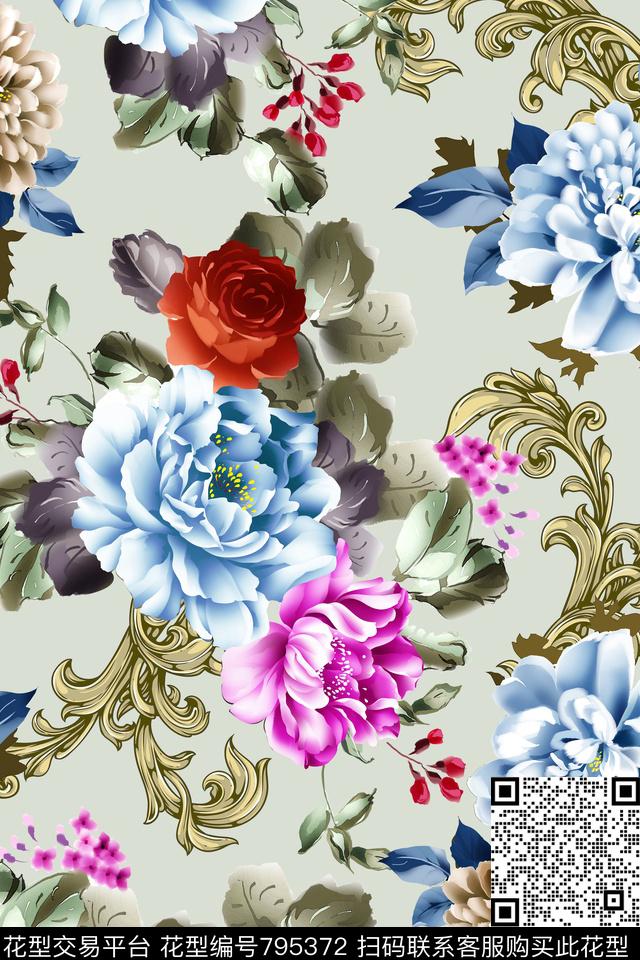 欧式花纹金属花纹牡丹数码印花华亿平台下载（图片编号: 795372） - 瓦栏（Walan）