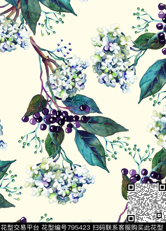 手绘花卉植物数码印花华亿平台下载（图片编号: 795423） - 瓦栏（Walan）