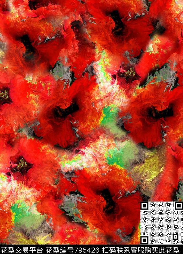 罂粟花花朵抽象数码印花华亿平台下载（图片编号: 795426） - 瓦栏（Walan）