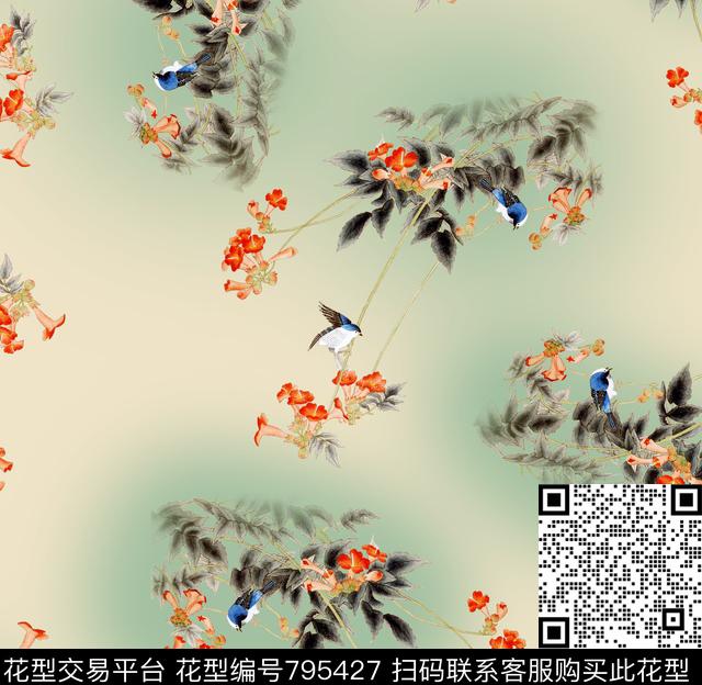 中国风枝条桃花数码印花华亿平台下载（图片编号: 795427） - 瓦栏（Walan）